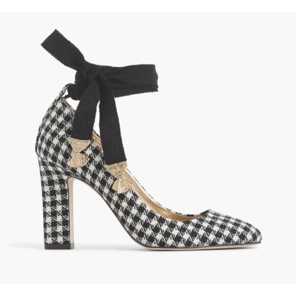 J. Crew Houndstooth Pumps Size 9 Made In Italy Ankle Wrap Bow Ribbon Heels Shoes - Picture 1 of 16